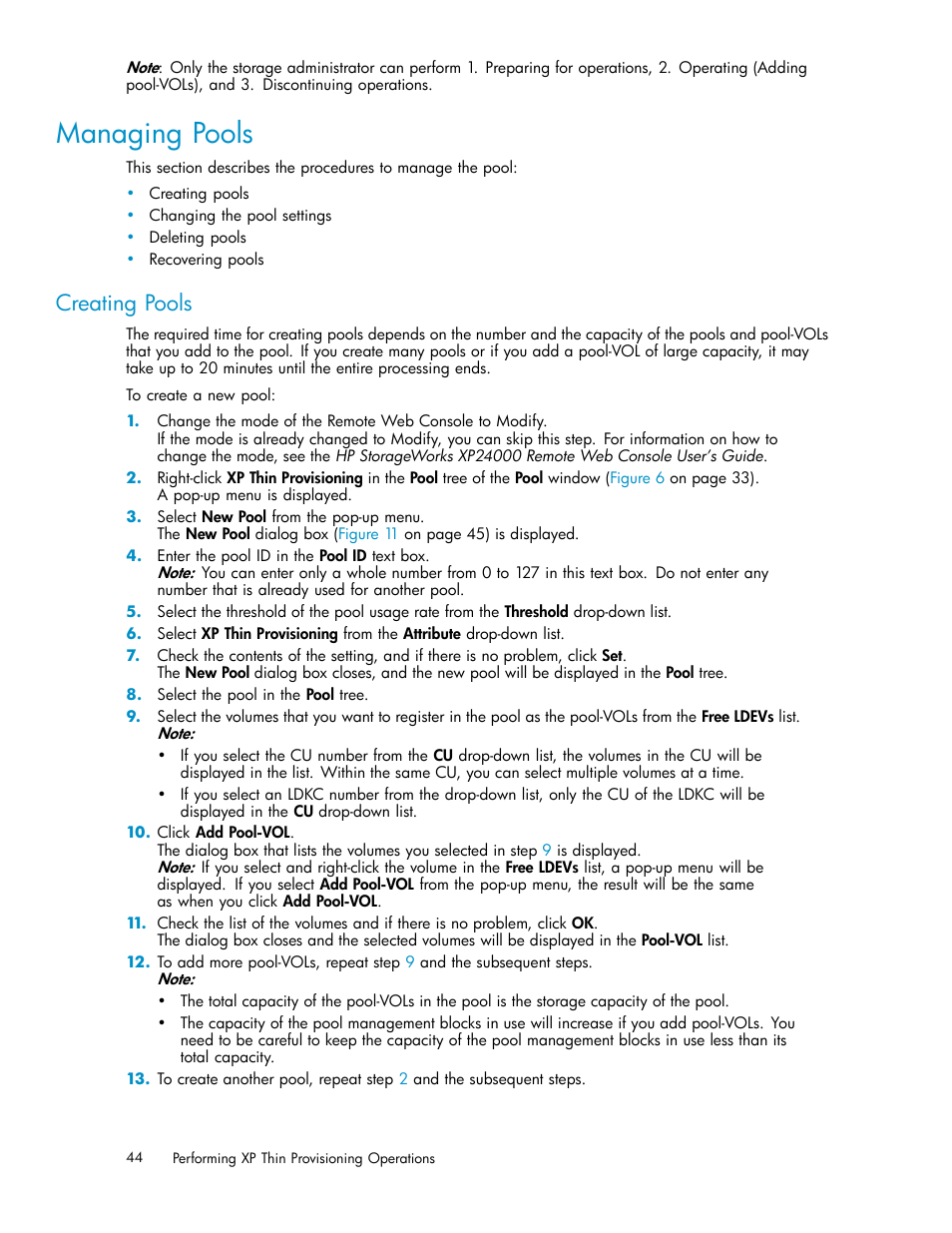 Managing pools, Creating pools | HP XP20000XP24000 Disk Array User Manual | Page 44 / 66