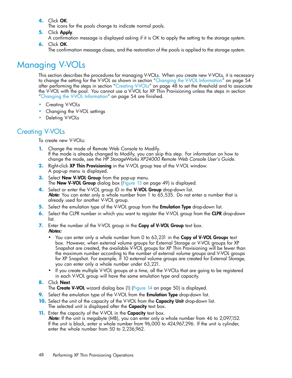 Managing v-vols, Creating v-vols | HP XP20000XP24000 Disk Array User Manual | Page 48 / 66