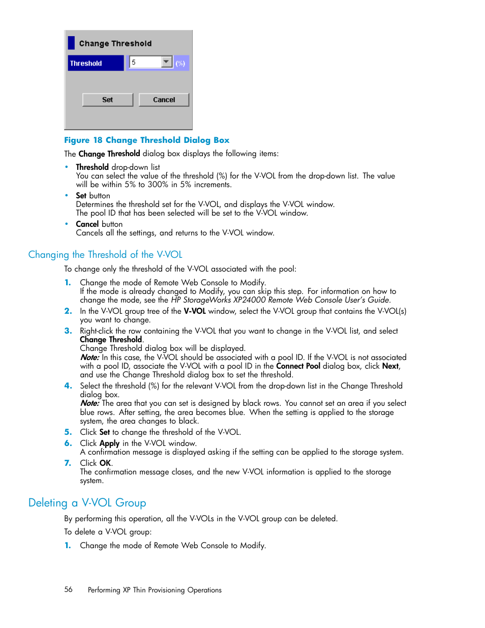 Changing the threshold of the v-vol, Deleting a v-vol group, Change threshold dialog box | Figure 18 | HP XP20000XP24000 Disk Array User Manual | Page 56 / 66