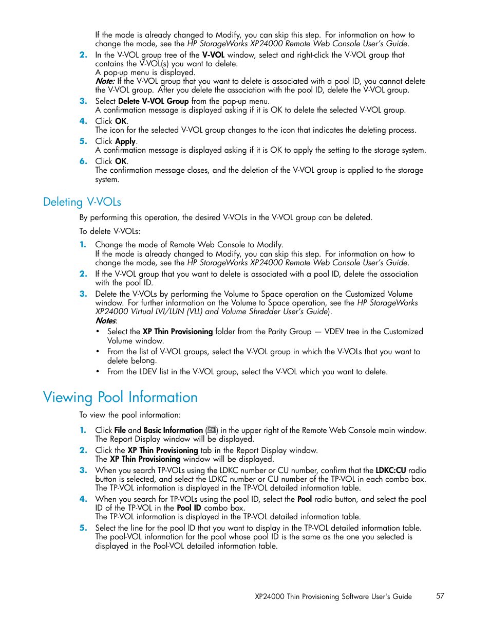 Viewing pool information, Deleting v-vols | HP XP20000XP24000 Disk Array User Manual | Page 57 / 66