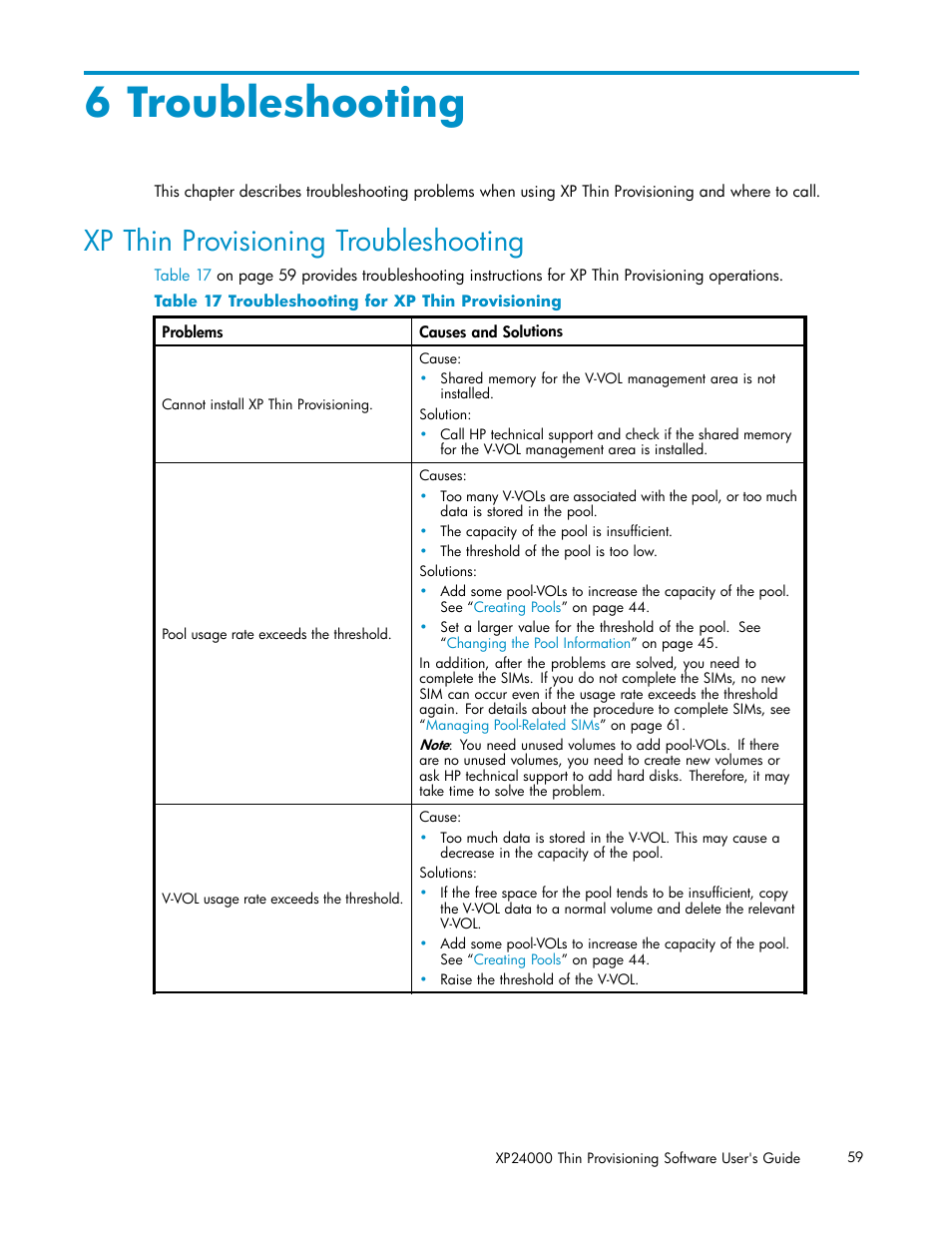 6 troubleshooting, Xp thin provisioning troubleshooting, Troubleshooting for xp thin provisioning | HP XP20000XP24000 Disk Array User Manual | Page 59 / 66