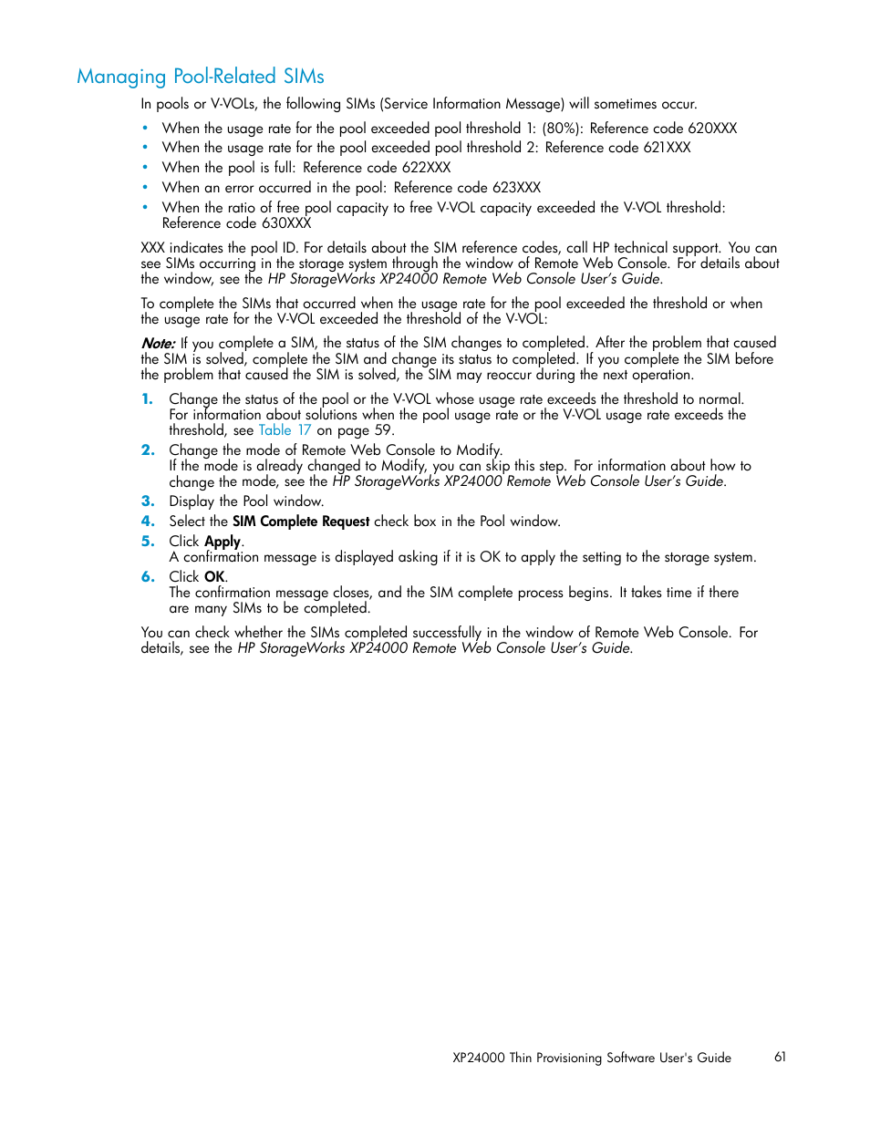 Managing pool-related sims | HP XP20000XP24000 Disk Array User Manual | Page 61 / 66