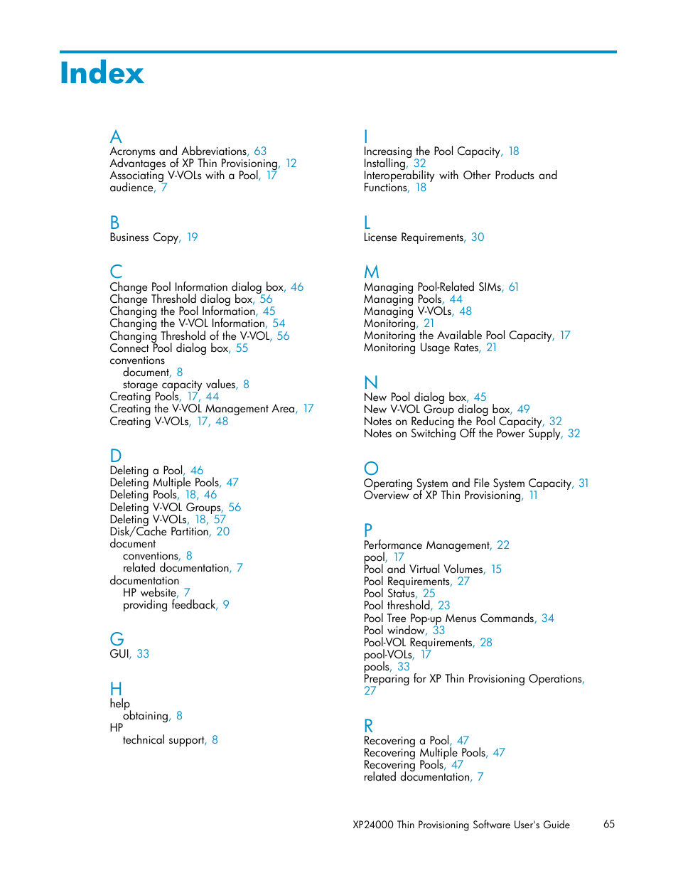 Index | HP XP20000XP24000 Disk Array User Manual | Page 65 / 66