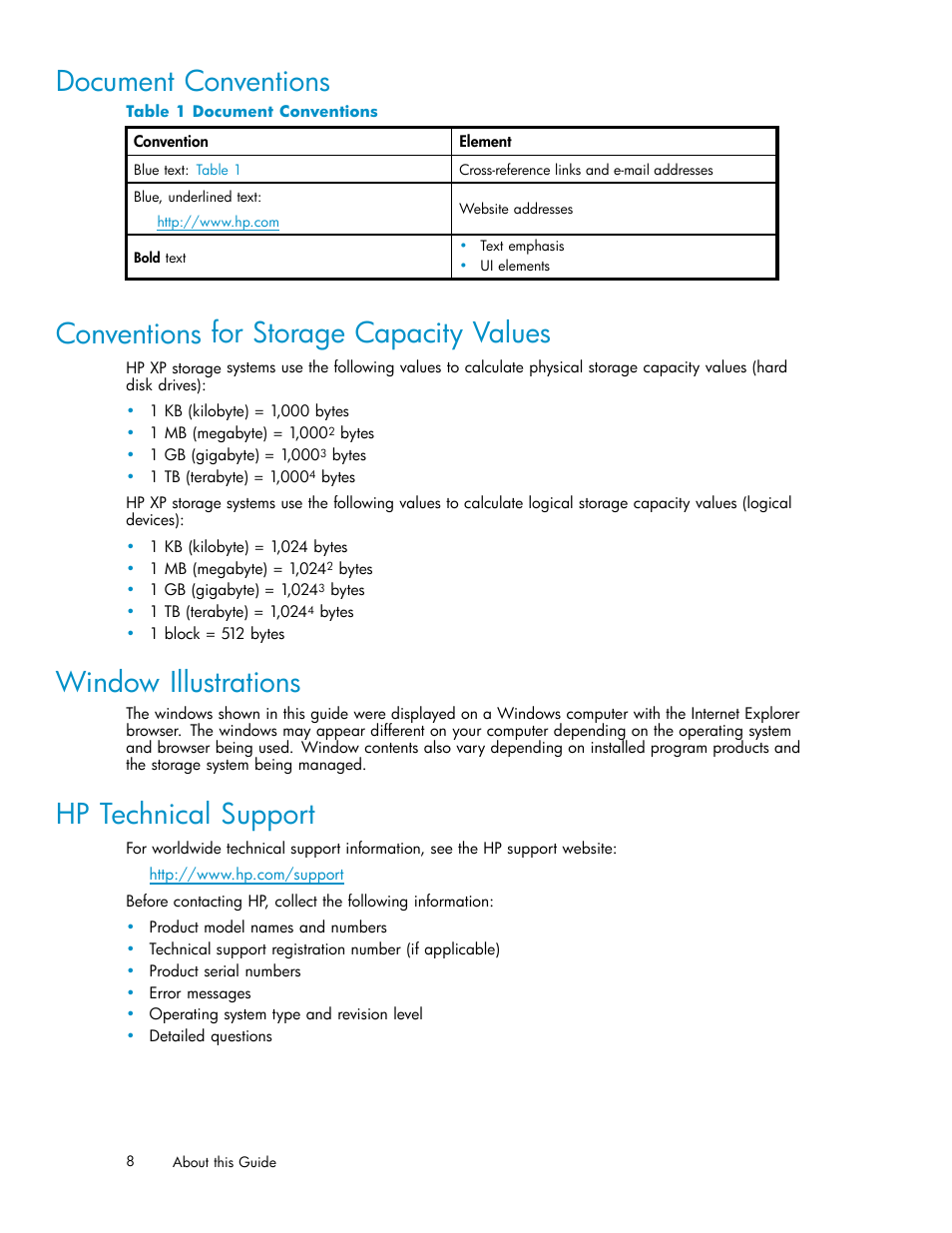Document conventions, Conventions for storage capacity values, Window illustrations | Hp technical support | HP XP20000XP24000 Disk Array User Manual | Page 8 / 66