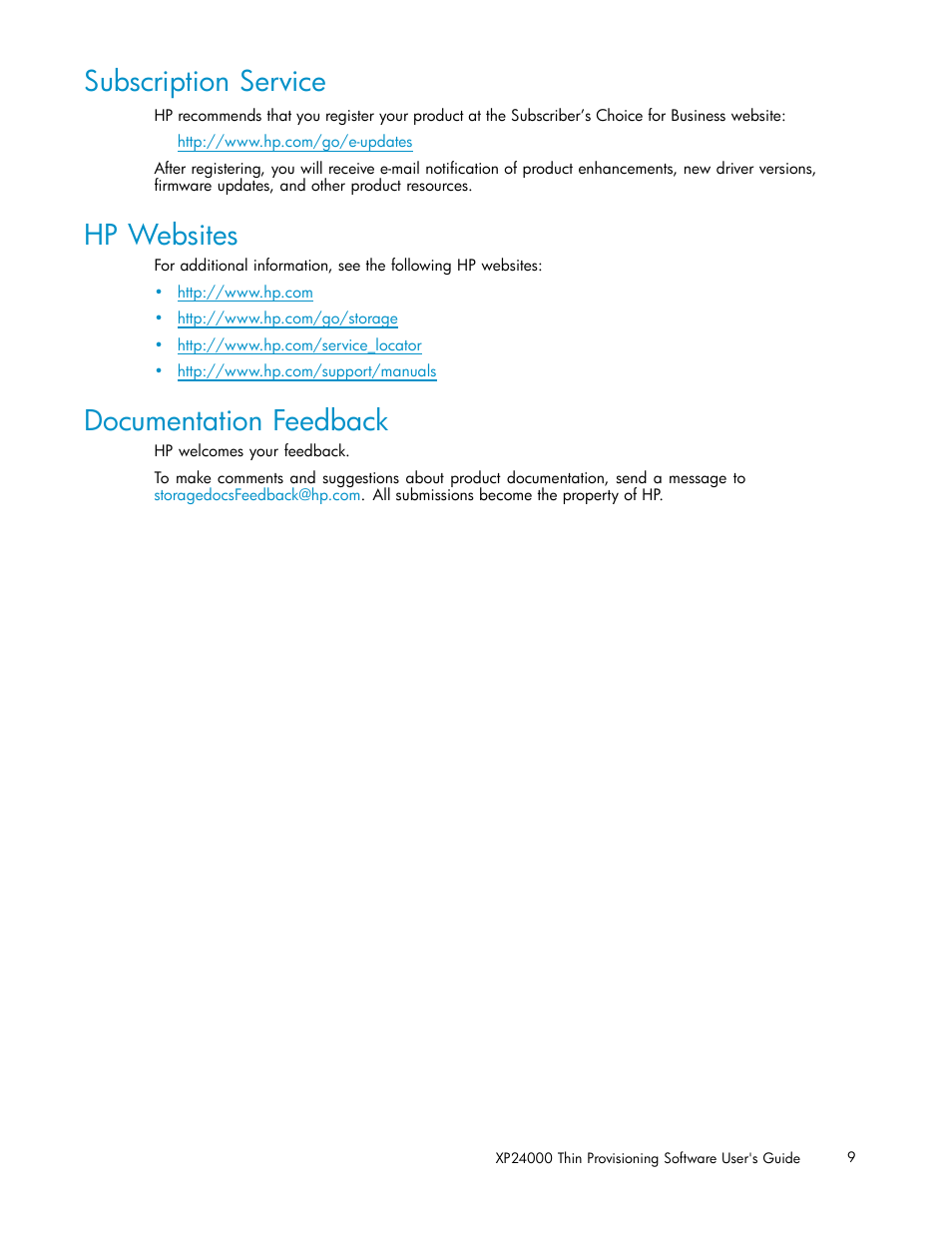 Subscription service, Hp websites, Documentation feedback | HP XP20000XP24000 Disk Array User Manual | Page 9 / 66