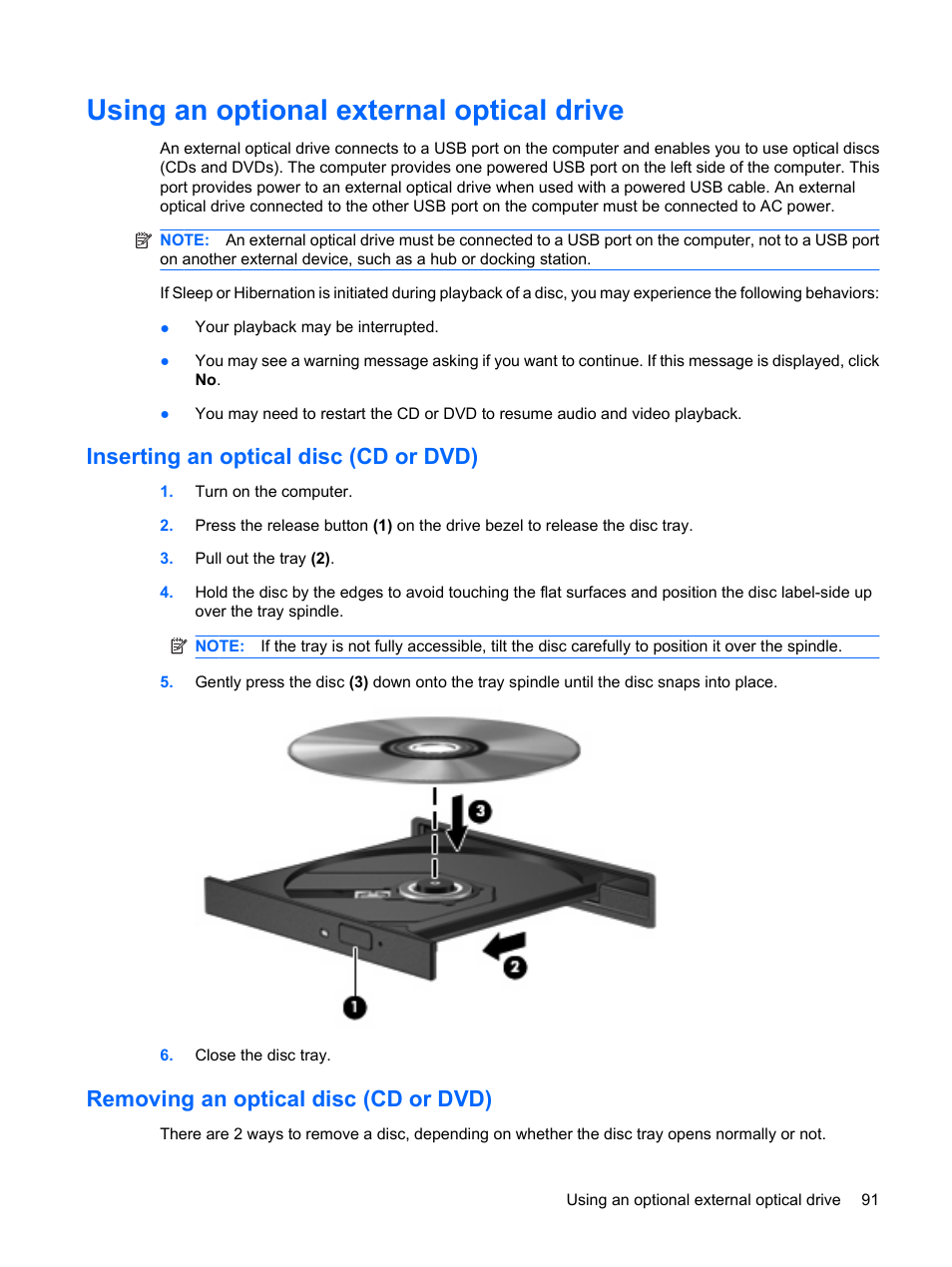 Using an optional external optical drive, Inserting an optical disc (cd or dvd), Removing an optical disc (cd or dvd) | HP EliteBook 2540p Notebook PC User Manual | Page 103 / 177