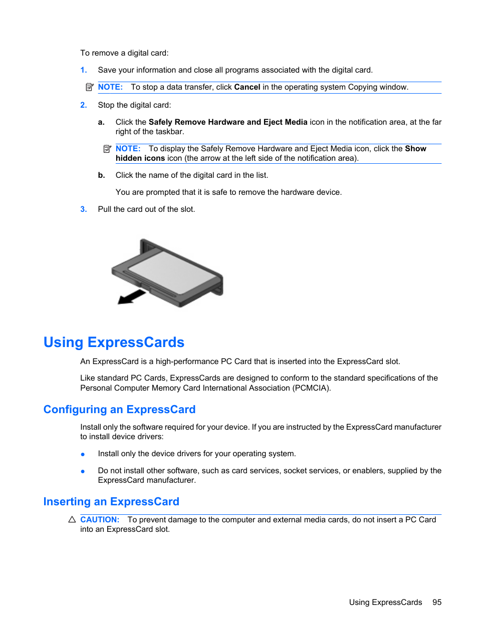 Using expresscards, Configuring an expresscard, Inserting an expresscard | HP EliteBook 2540p Notebook PC User Manual | Page 107 / 177