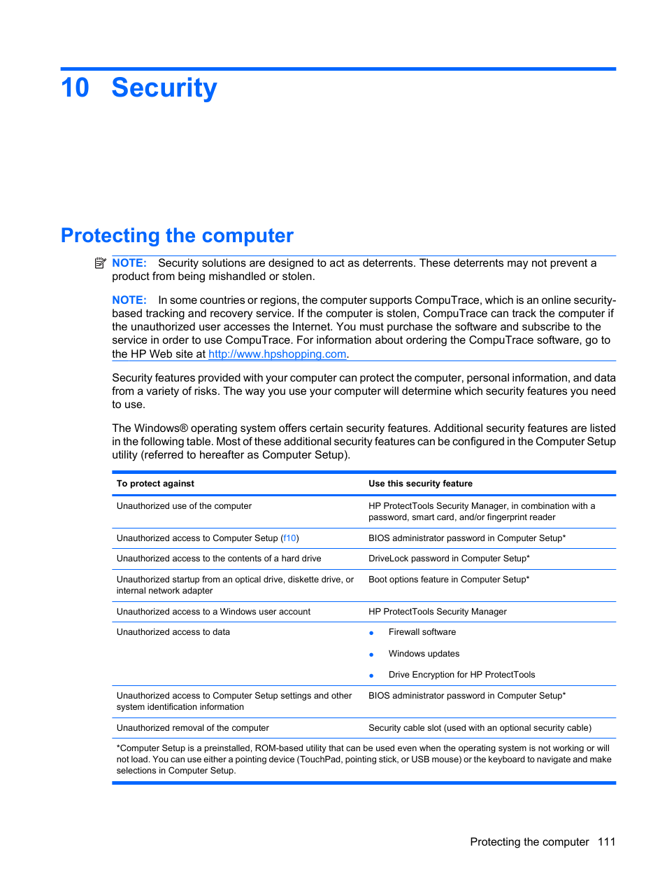 Security, Protecting the computer, 10 security | HP EliteBook 2540p Notebook PC User Manual | Page 123 / 177