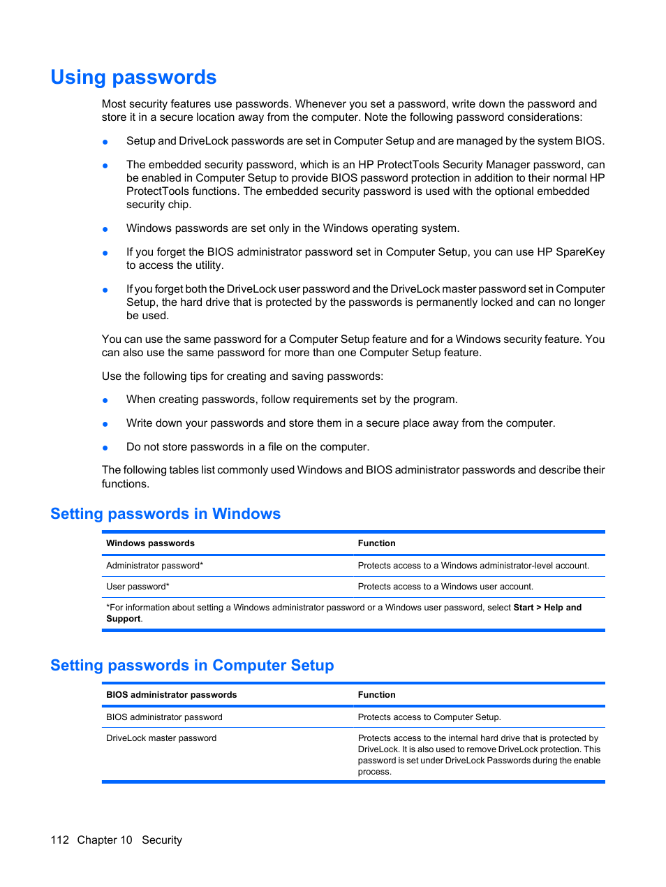 Using passwords, Setting passwords in windows, Setting passwords in computer setup | HP EliteBook 2540p Notebook PC User Manual | Page 124 / 177