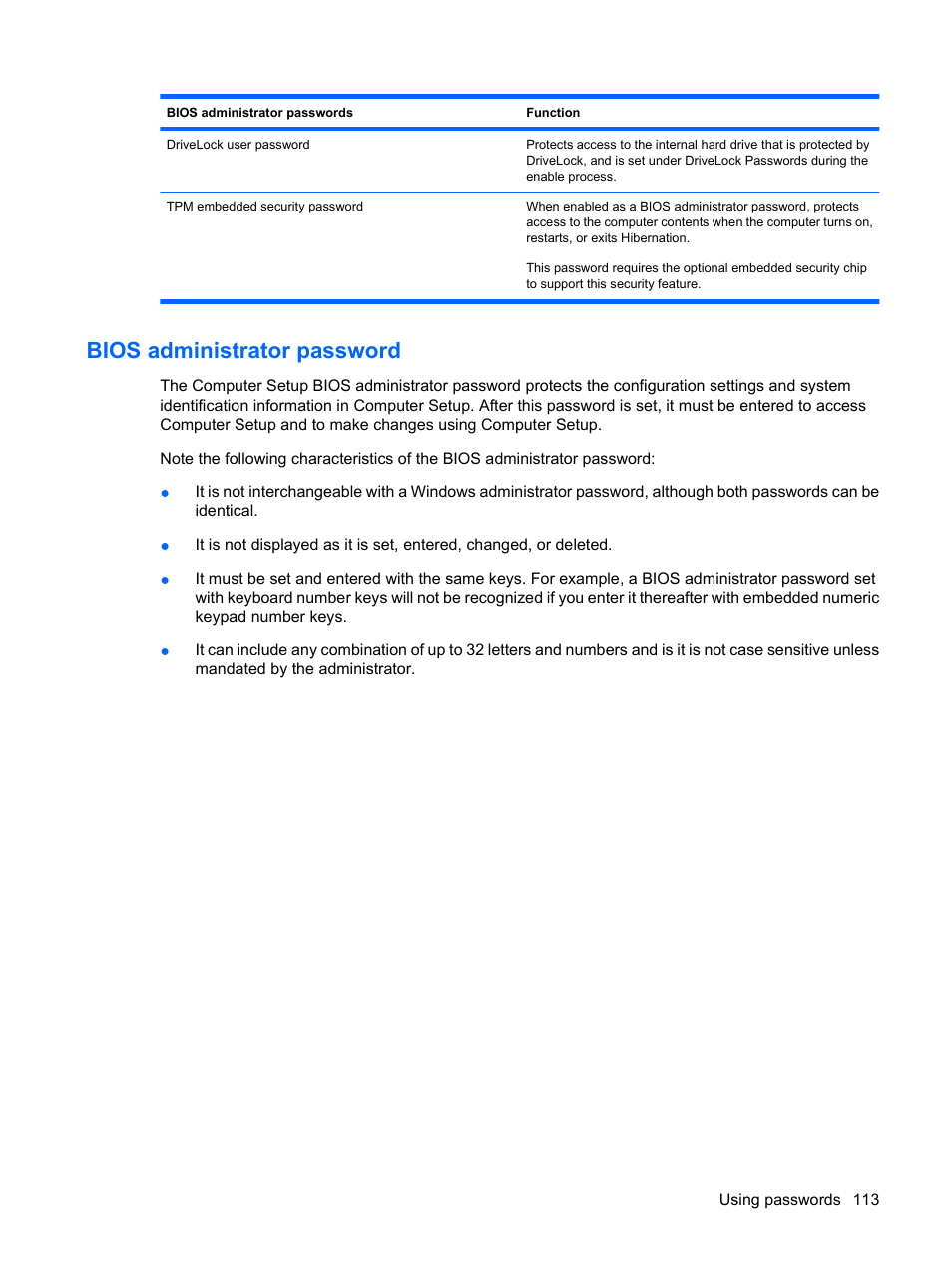 Bios administrator password | HP EliteBook 2540p Notebook PC User Manual | Page 125 / 177