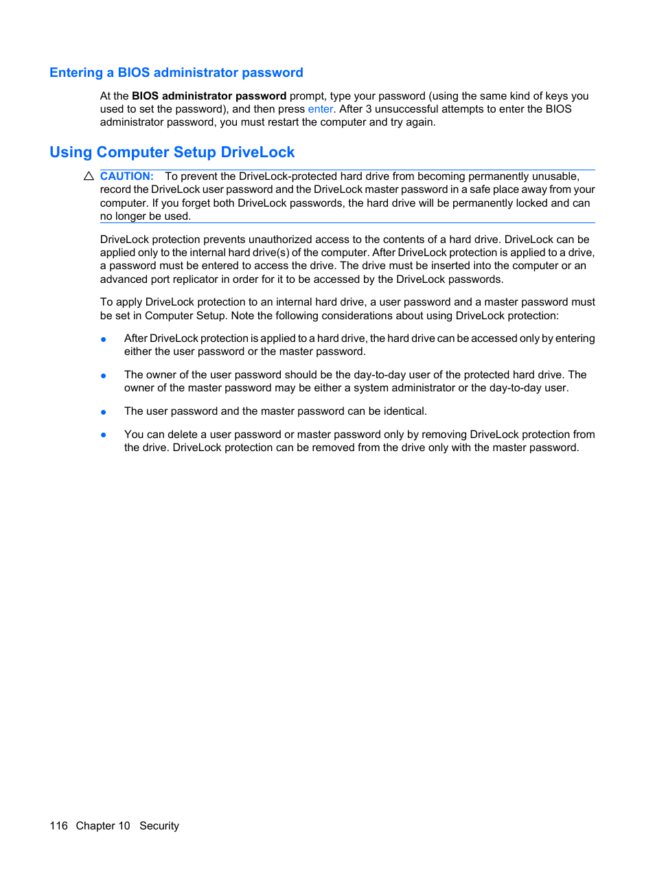 Entering a bios administrator password, Using computer setup drivelock | HP EliteBook 2540p Notebook PC User Manual | Page 128 / 177