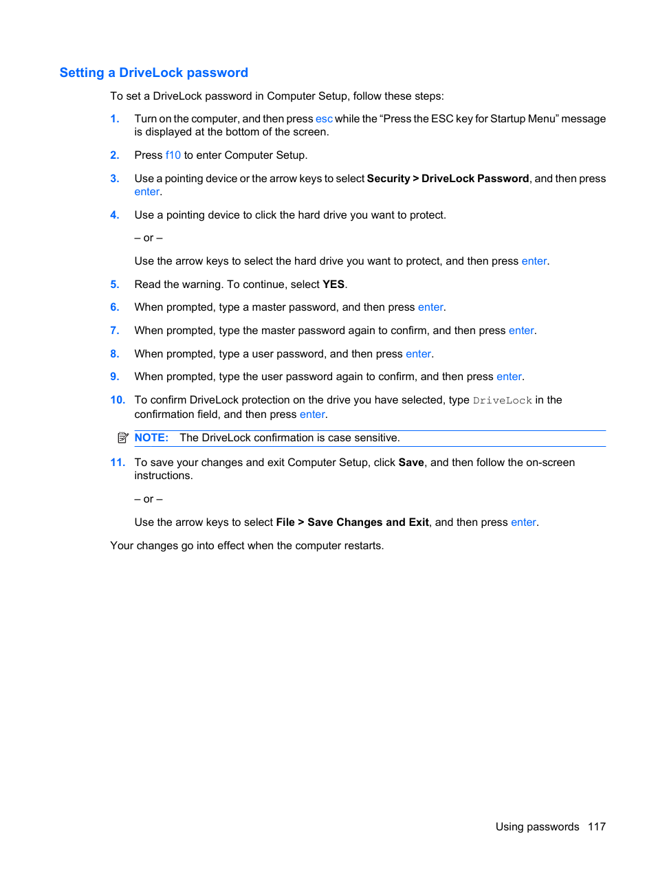 Setting a drivelock password | HP EliteBook 2540p Notebook PC User Manual | Page 129 / 177