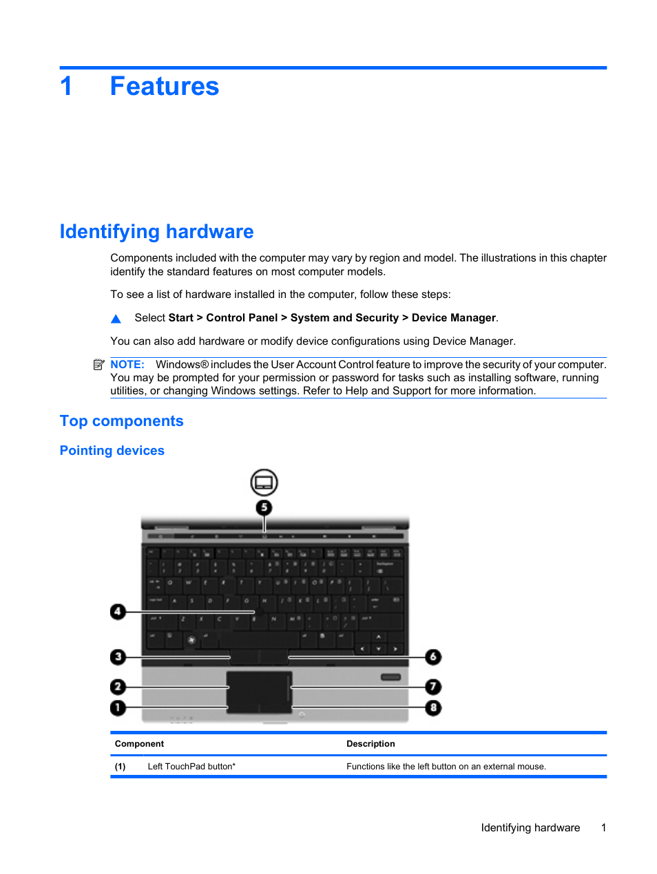 Features, Identifying hardware, Top components | Pointing devices, 1 features, 1features | HP EliteBook 2540p Notebook PC User Manual | Page 13 / 177