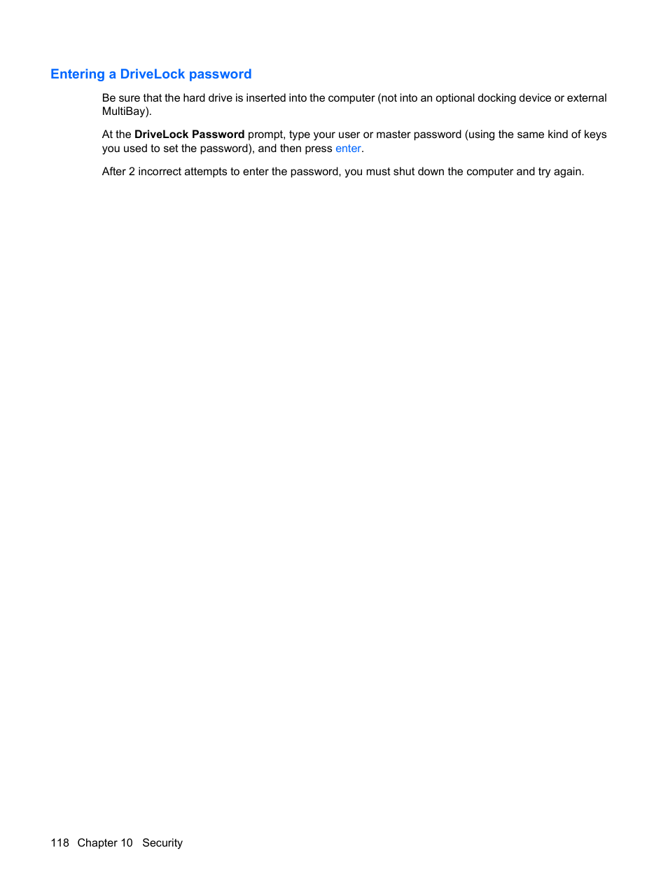 Entering a drivelock password | HP EliteBook 2540p Notebook PC User Manual | Page 130 / 177