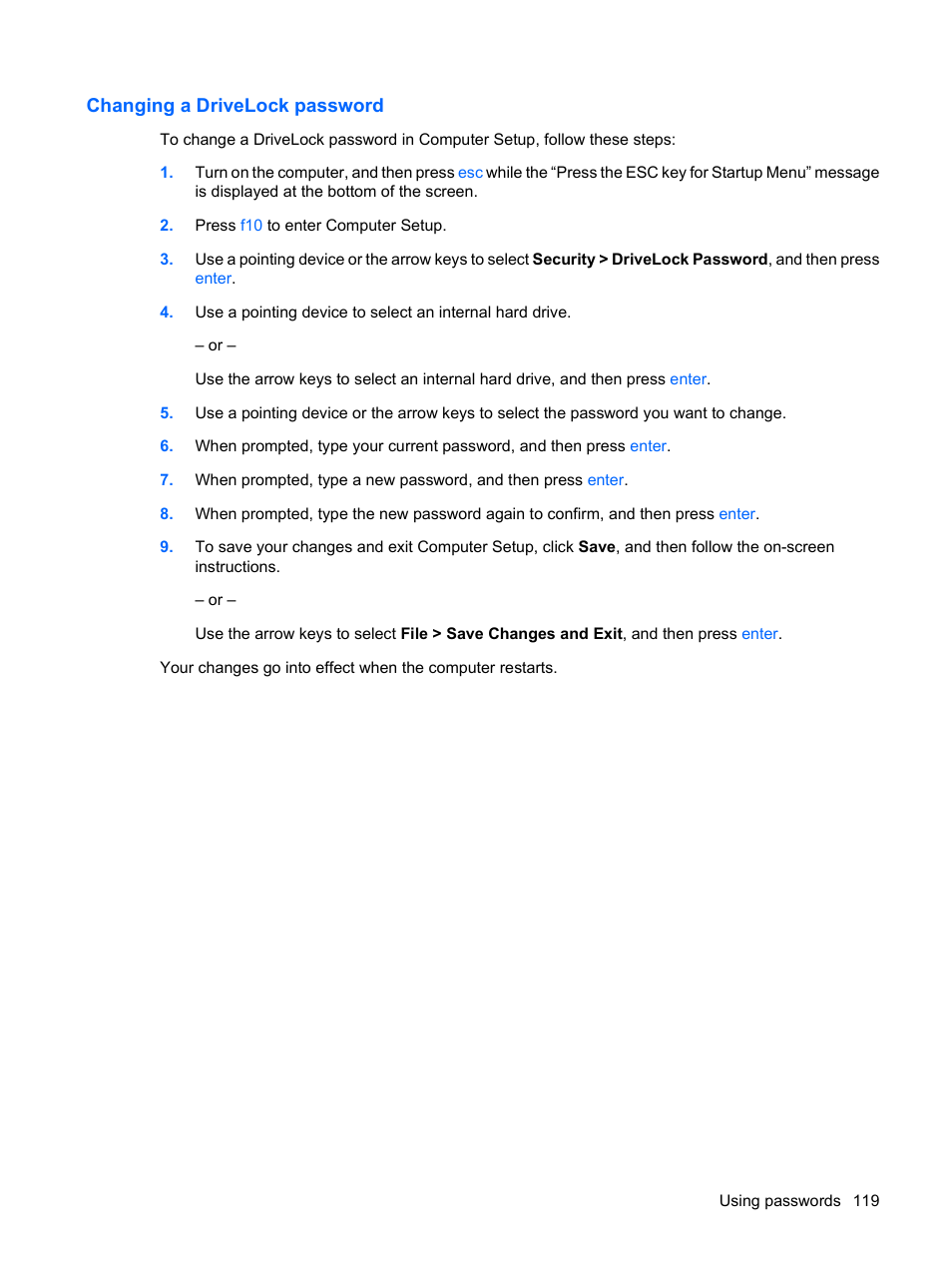 Changing a drivelock password | HP EliteBook 2540p Notebook PC User Manual | Page 131 / 177