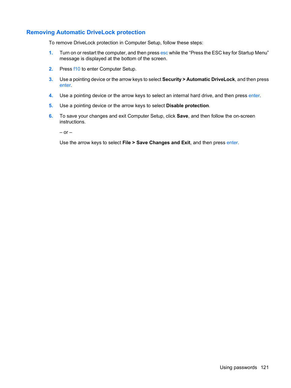 Removing automatic drivelock protection | HP EliteBook 2540p Notebook PC User Manual | Page 133 / 177