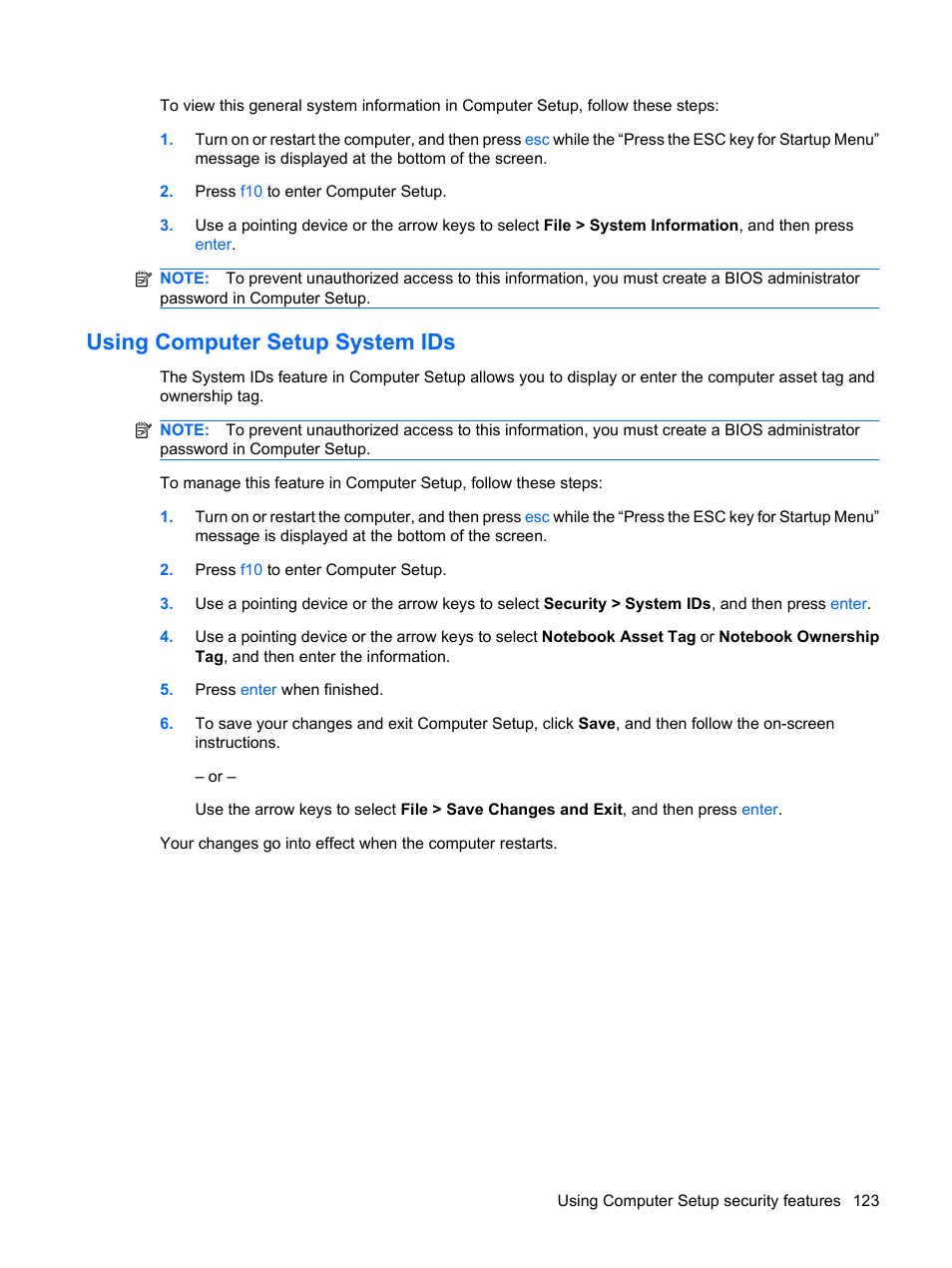 Using computer setup system ids | HP EliteBook 2540p Notebook PC User Manual | Page 135 / 177