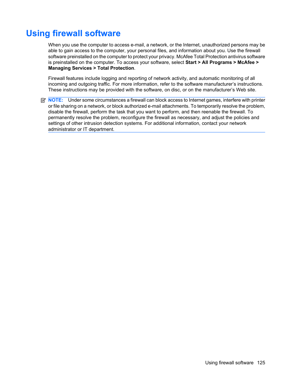 Using firewall software | HP EliteBook 2540p Notebook PC User Manual | Page 137 / 177
