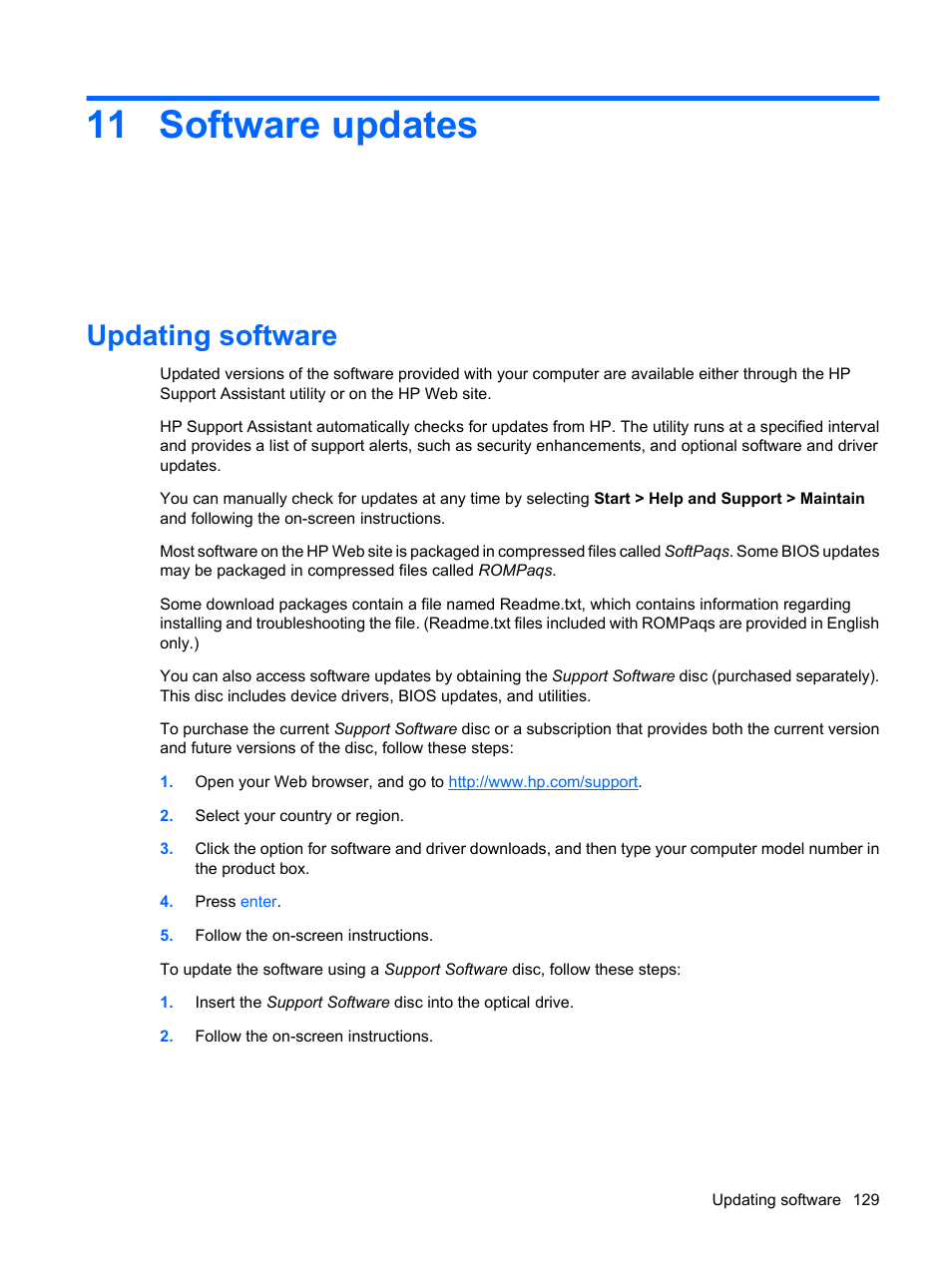 Software updates, Updating software, 11 software updates | HP EliteBook 2540p Notebook PC User Manual | Page 141 / 177