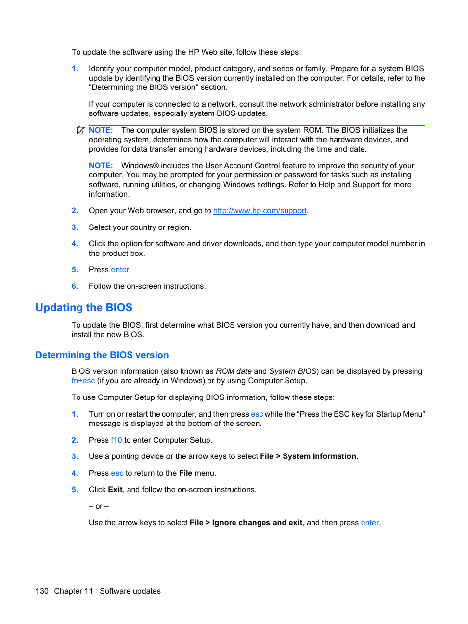 Updating the bios, Determining the bios version | HP EliteBook 2540p Notebook PC User Manual | Page 142 / 177