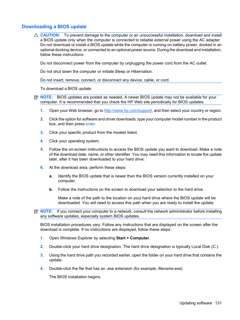 Downloading a bios update | HP EliteBook 2540p Notebook PC User Manual | Page 143 / 177