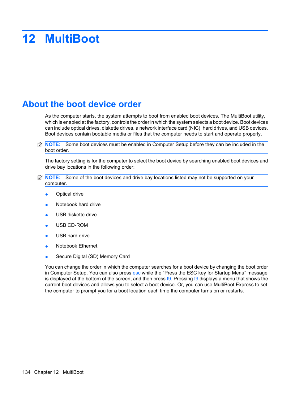 Multiboot, About the boot device order, 12 multiboot | HP EliteBook 2540p Notebook PC User Manual | Page 146 / 177