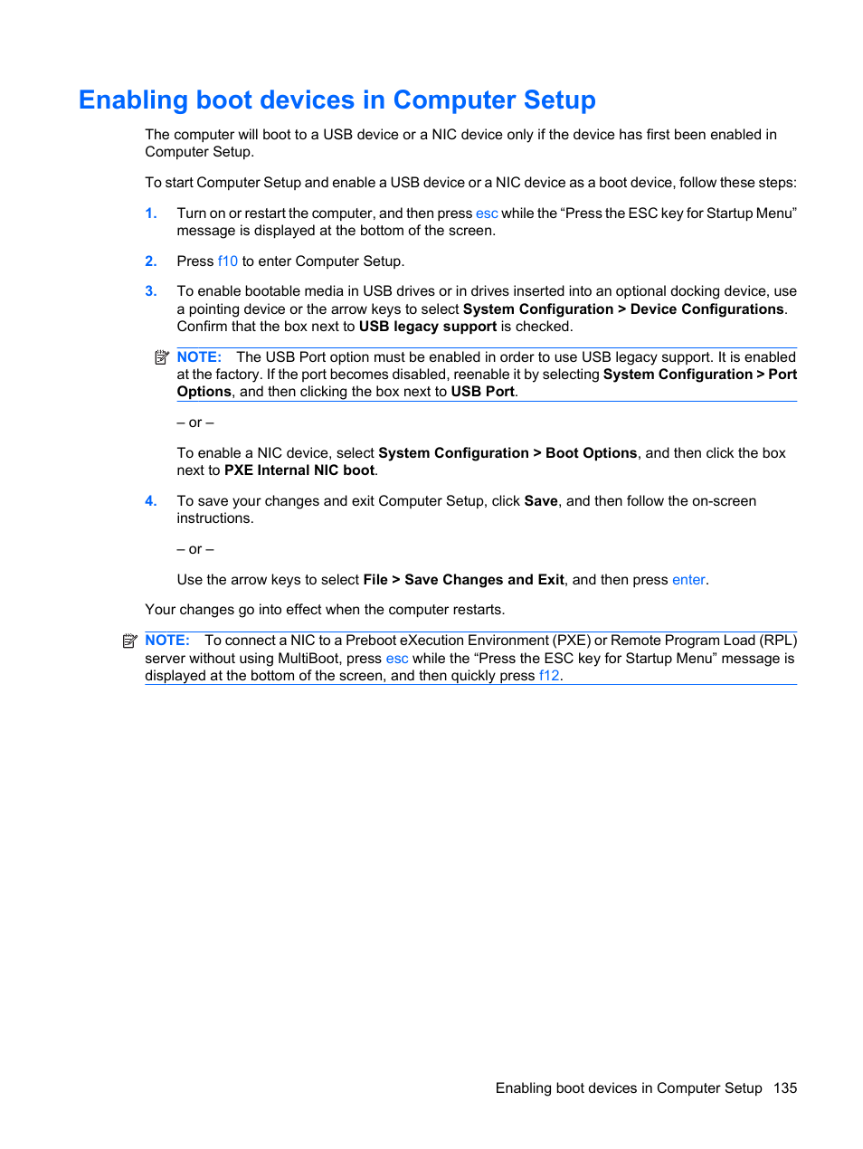 Enabling boot devices in computer setup | HP EliteBook 2540p Notebook PC User Manual | Page 147 / 177