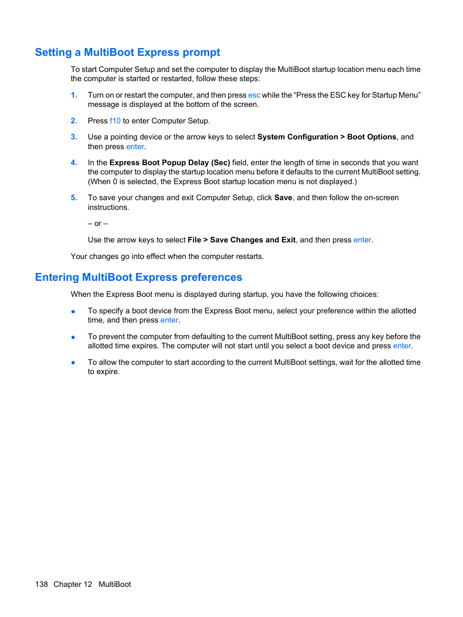 Setting a multiboot express prompt, Entering multiboot express preferences | HP EliteBook 2540p Notebook PC User Manual | Page 150 / 177