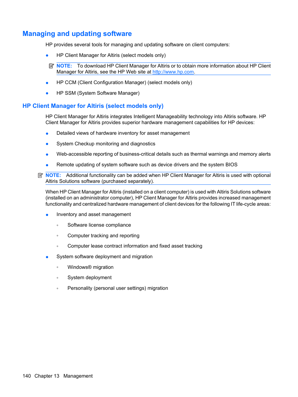 Managing and updating software, Hp client manager for altiris (select models only) | HP EliteBook 2540p Notebook PC User Manual | Page 152 / 177