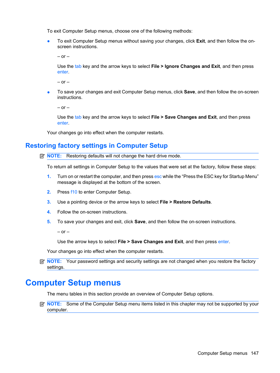 Restoring factory settings in computer setup, Computer setup menus | HP EliteBook 2540p Notebook PC User Manual | Page 159 / 177