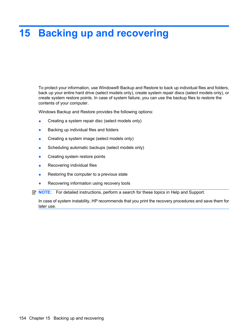 Backing up and recovering, 15 backing up and recovering | HP EliteBook 2540p Notebook PC User Manual | Page 166 / 177