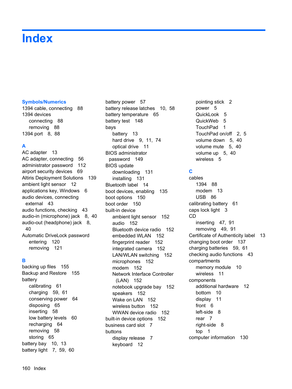Index | HP EliteBook 2540p Notebook PC User Manual | Page 172 / 177