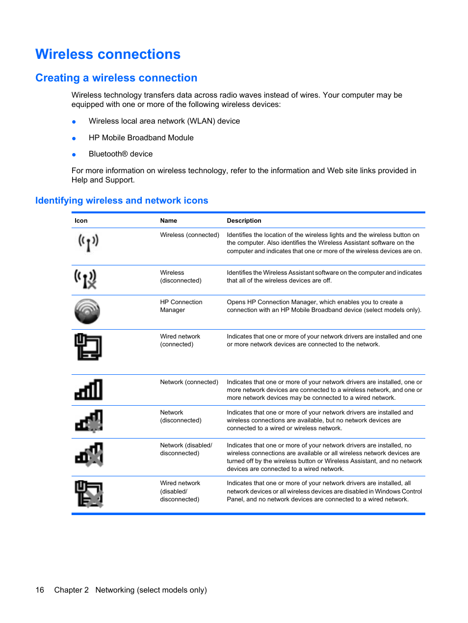 Wireless connections, Creating a wireless connection, Identifying wireless and network icons | HP EliteBook 2540p Notebook PC User Manual | Page 28 / 177