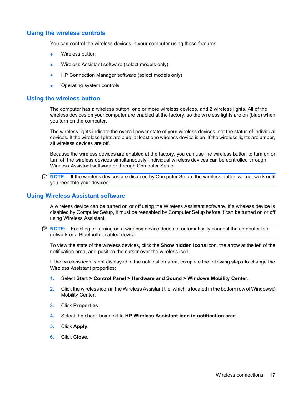 Using the wireless controls, Using the wireless button, Using wireless assistant software | HP EliteBook 2540p Notebook PC User Manual | Page 29 / 177