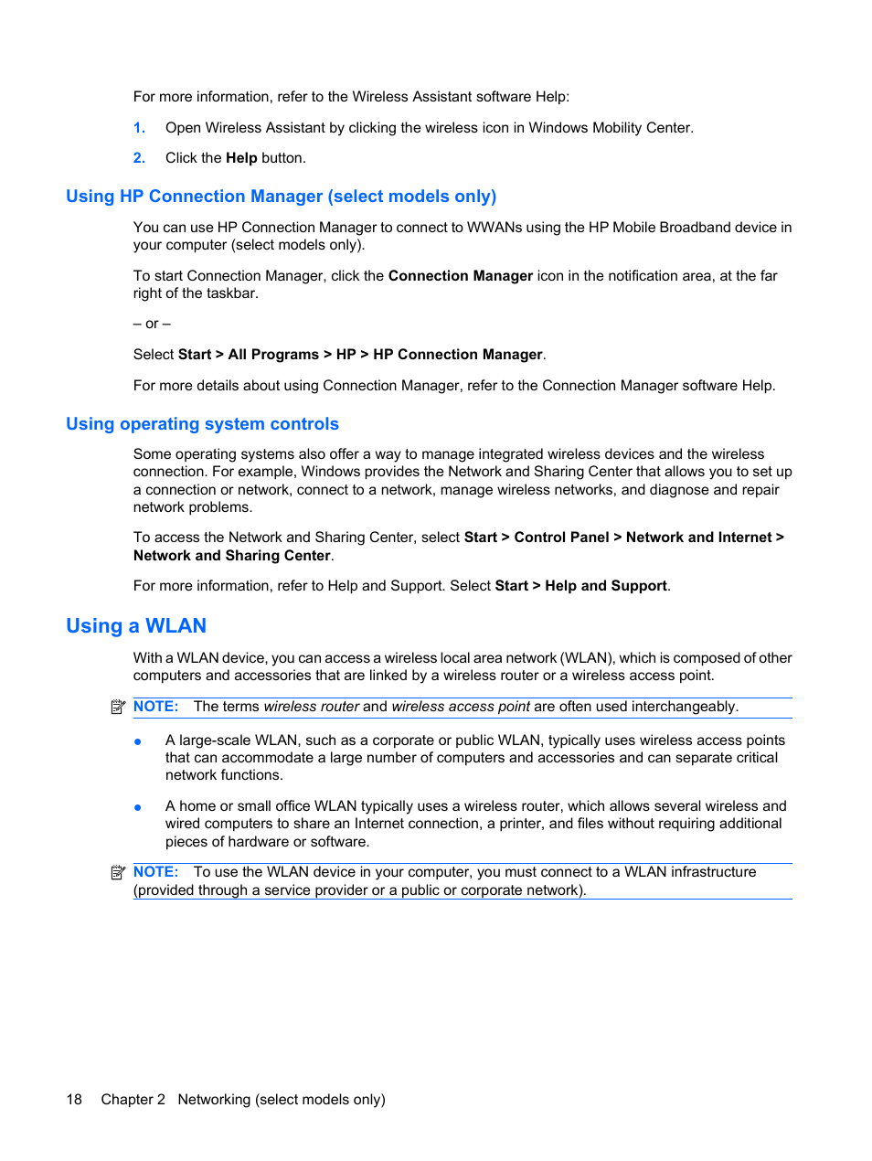 Using hp connection manager (select models only), Using operating system controls, Using a wlan | HP EliteBook 2540p Notebook PC User Manual | Page 30 / 177