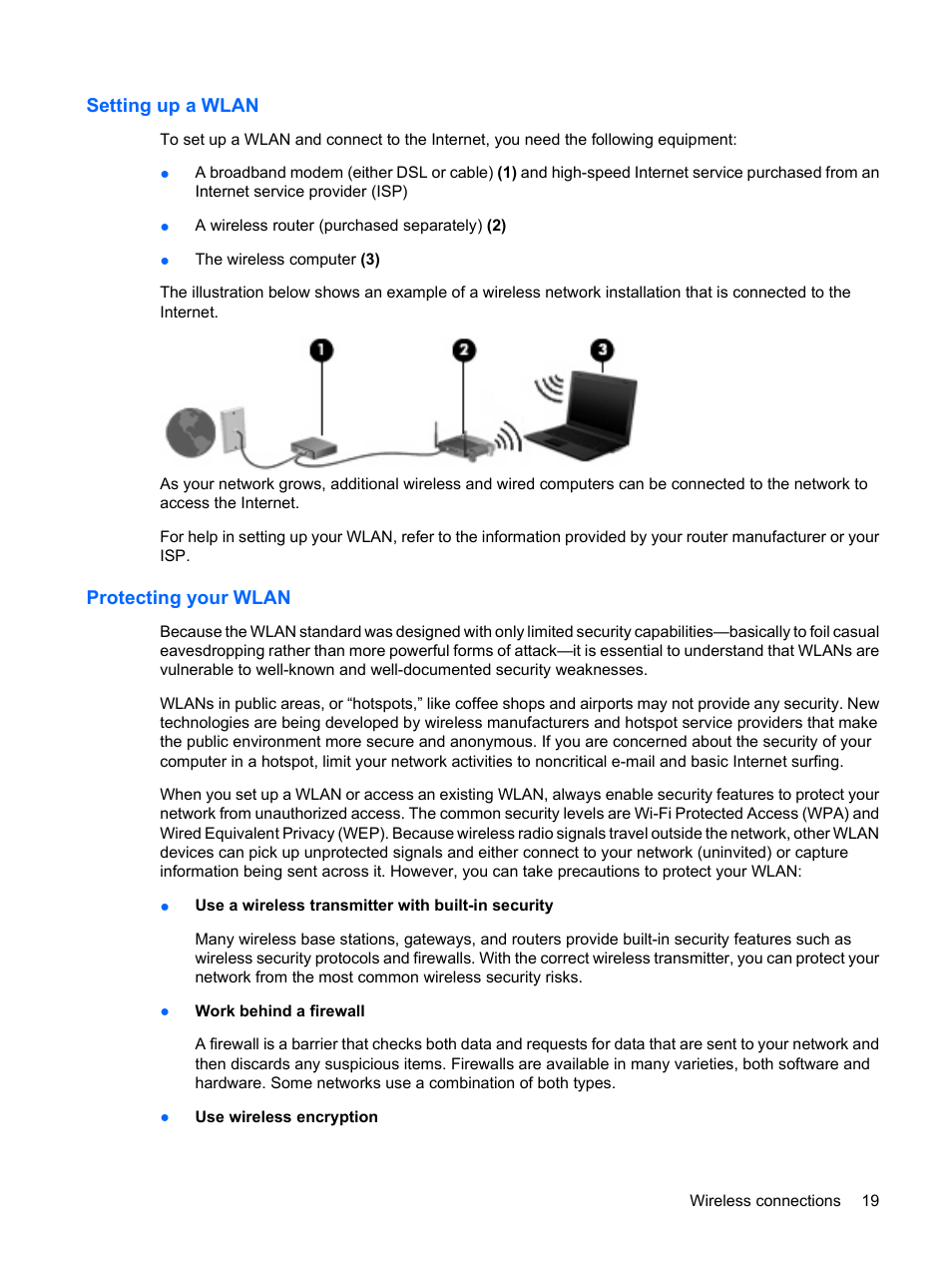Setting up a wlan, Protecting your wlan, Setting up a wlan protecting your wlan | HP EliteBook 2540p Notebook PC User Manual | Page 31 / 177