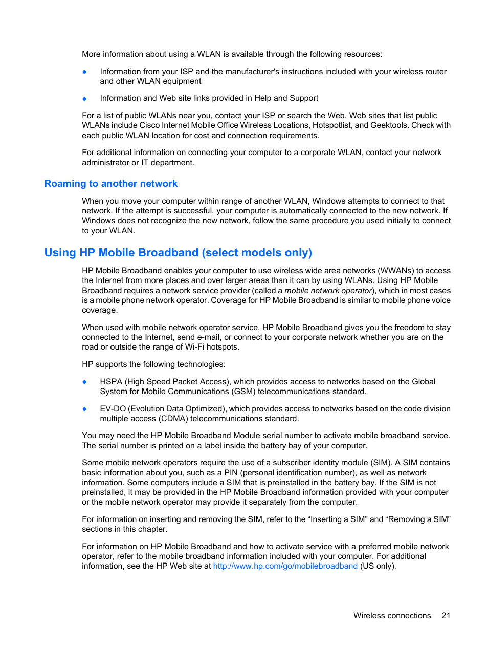 Roaming to another network, Using hp mobile broadband (select models only) | HP EliteBook 2540p Notebook PC User Manual | Page 33 / 177
