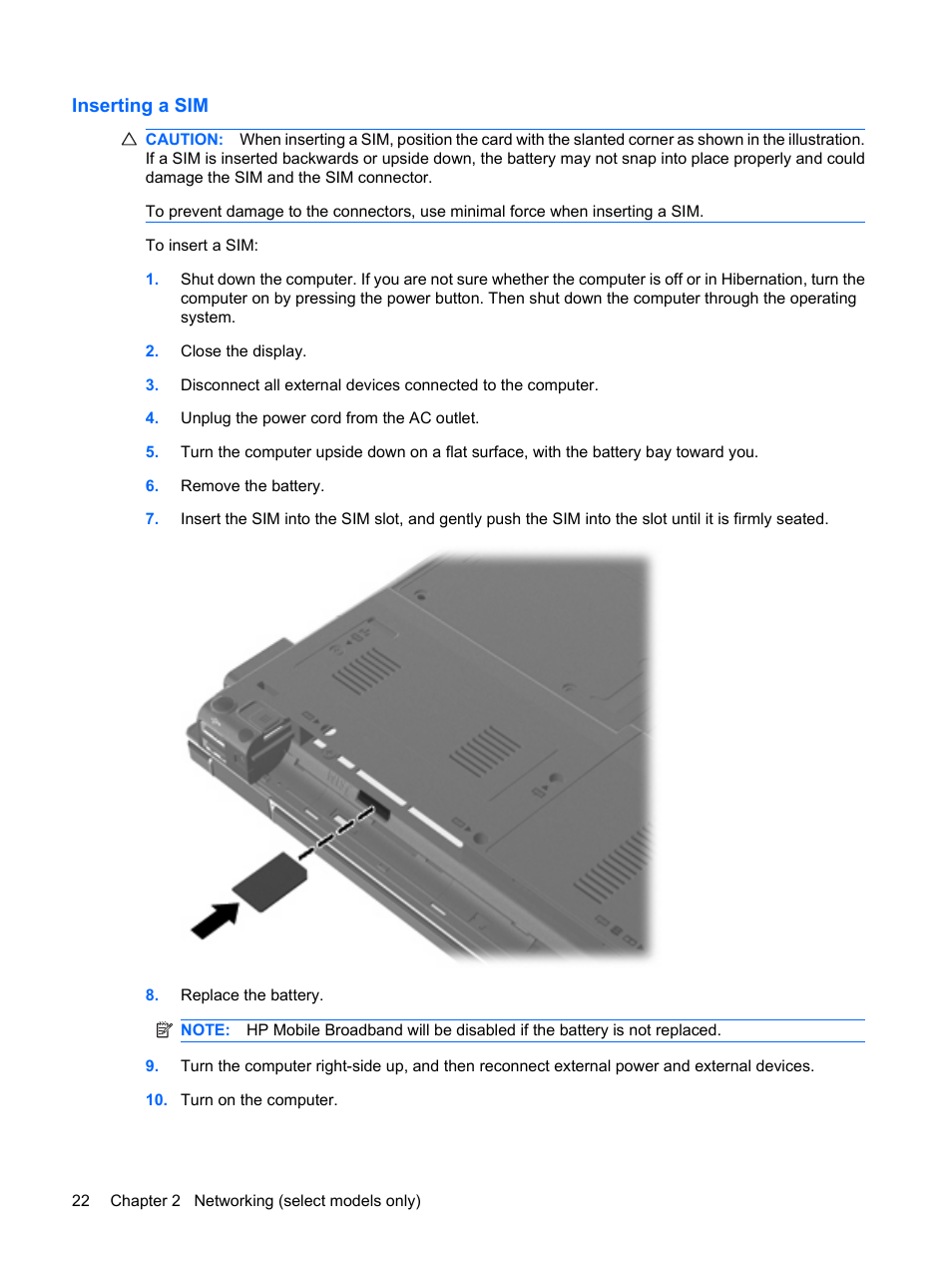 Inserting a sim | HP EliteBook 2540p Notebook PC User Manual | Page 34 / 177