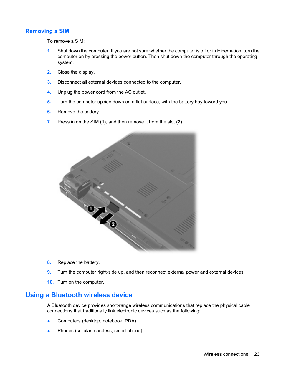 Removing a sim, Using a bluetooth wireless device | HP EliteBook 2540p Notebook PC User Manual | Page 35 / 177