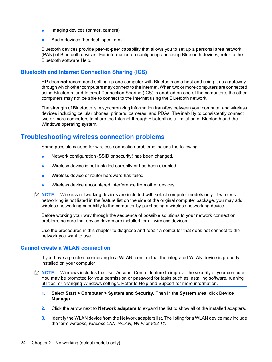 Bluetooth and internet connection sharing (ics), Troubleshooting wireless connection problems, Cannot create a wlan connection | HP EliteBook 2540p Notebook PC User Manual | Page 36 / 177