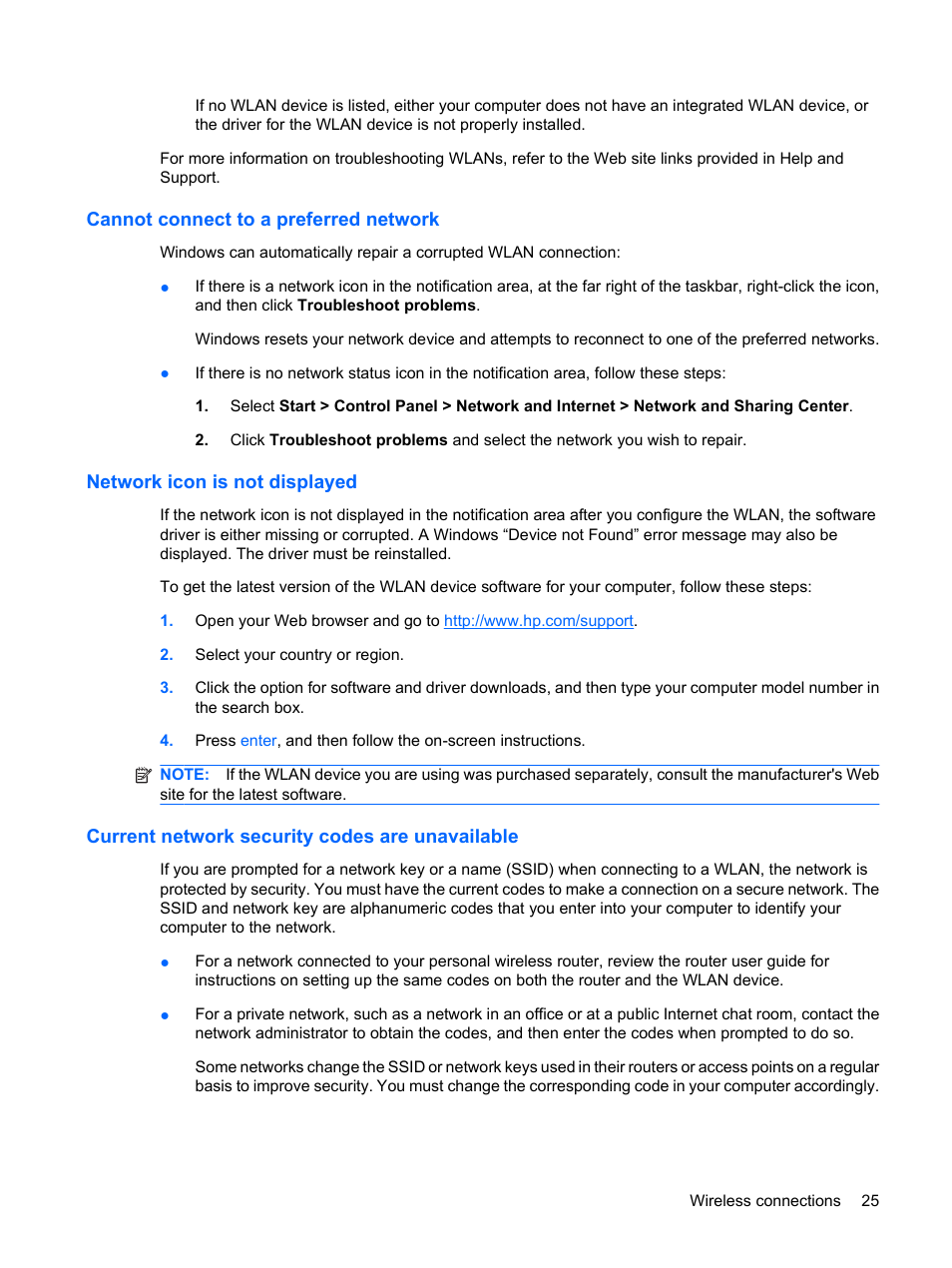 Cannot connect to a preferred network, Network icon is not displayed, Current network security codes are unavailable | HP EliteBook 2540p Notebook PC User Manual | Page 37 / 177