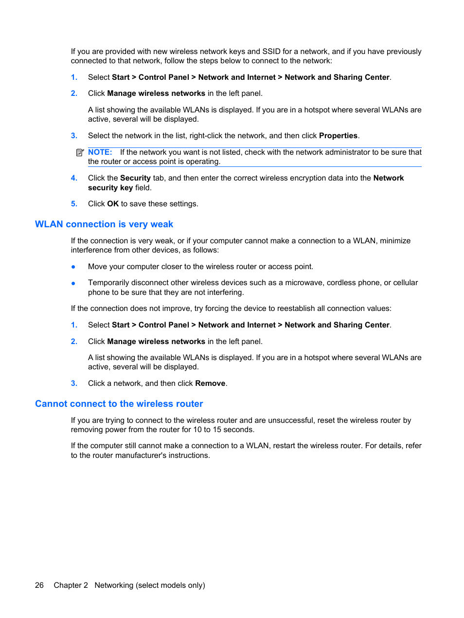 Wlan connection is very weak, Cannot connect to the wireless router | HP EliteBook 2540p Notebook PC User Manual | Page 38 / 177
