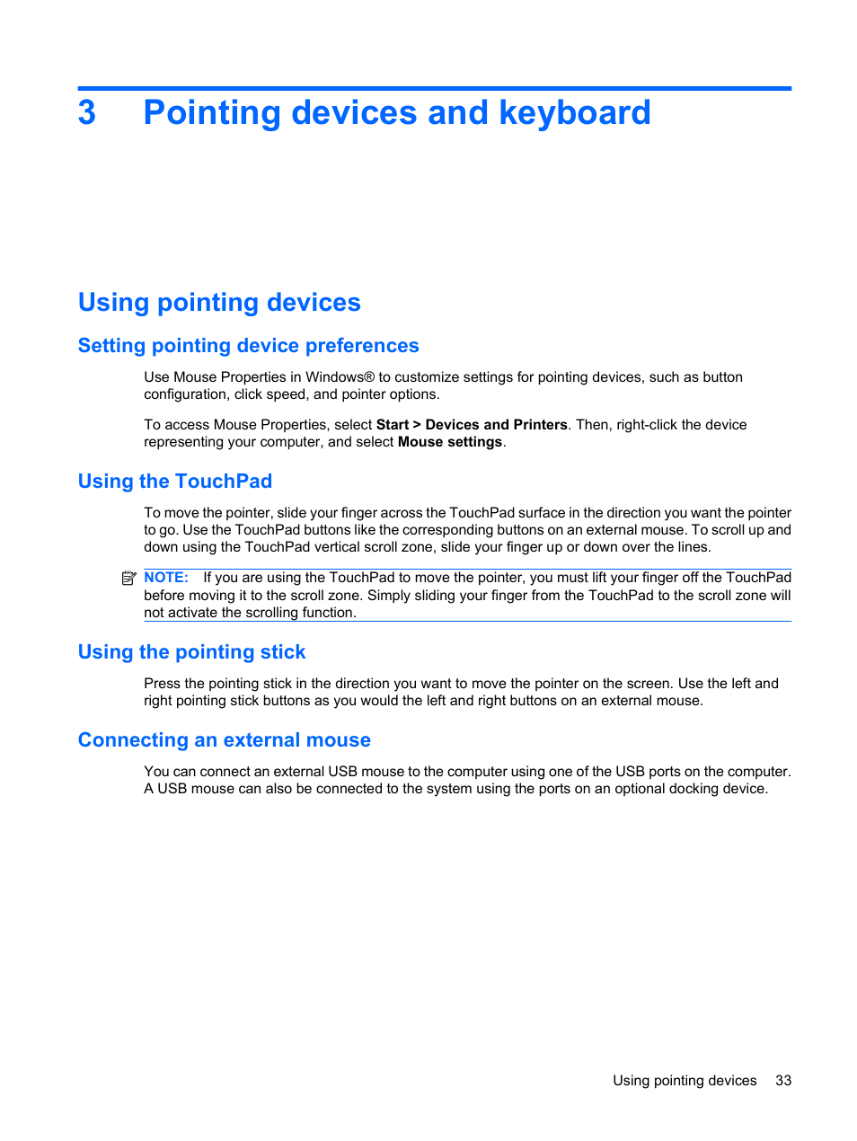 Pointing devices and keyboard, Using pointing devices, Setting pointing device preferences | Using the touchpad, Using the pointing stick, Connecting an external mouse, 3 pointing devices and keyboard, 3pointing devices and keyboard | HP EliteBook 2540p Notebook PC User Manual | Page 45 / 177