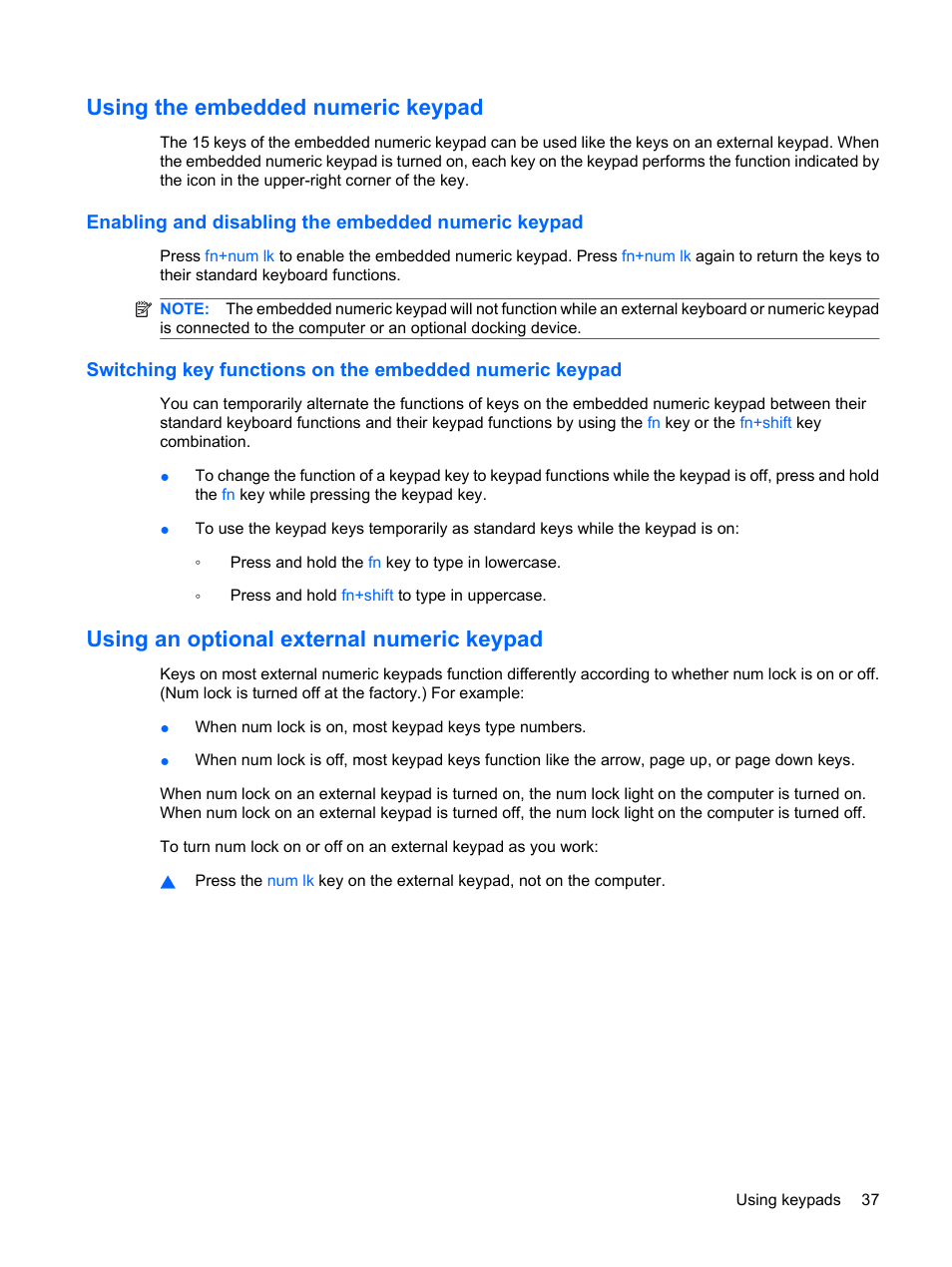 Using the embedded numeric keypad, Enabling and disabling the embedded numeric keypad, Using an optional external numeric keypad | HP EliteBook 2540p Notebook PC User Manual | Page 49 / 177