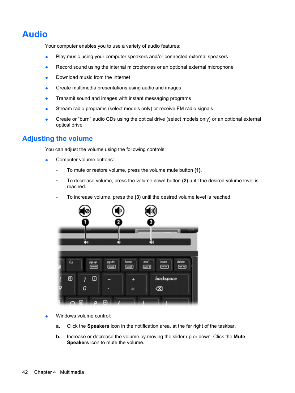 Audio, Adjusting the volume | HP EliteBook 2540p Notebook PC User Manual | Page 54 / 177