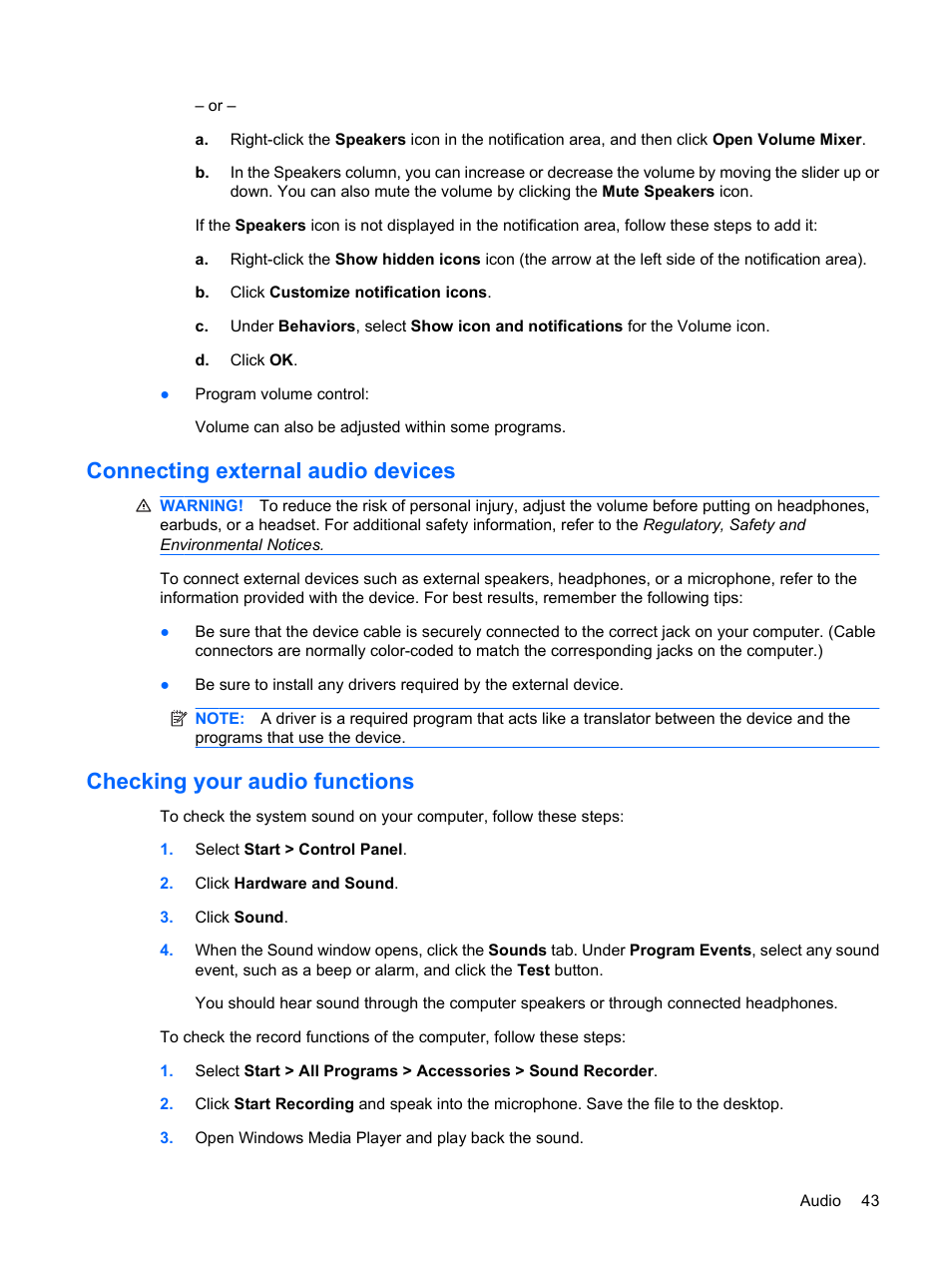 Connecting external audio devices, Checking your audio functions | HP EliteBook 2540p Notebook PC User Manual | Page 55 / 177