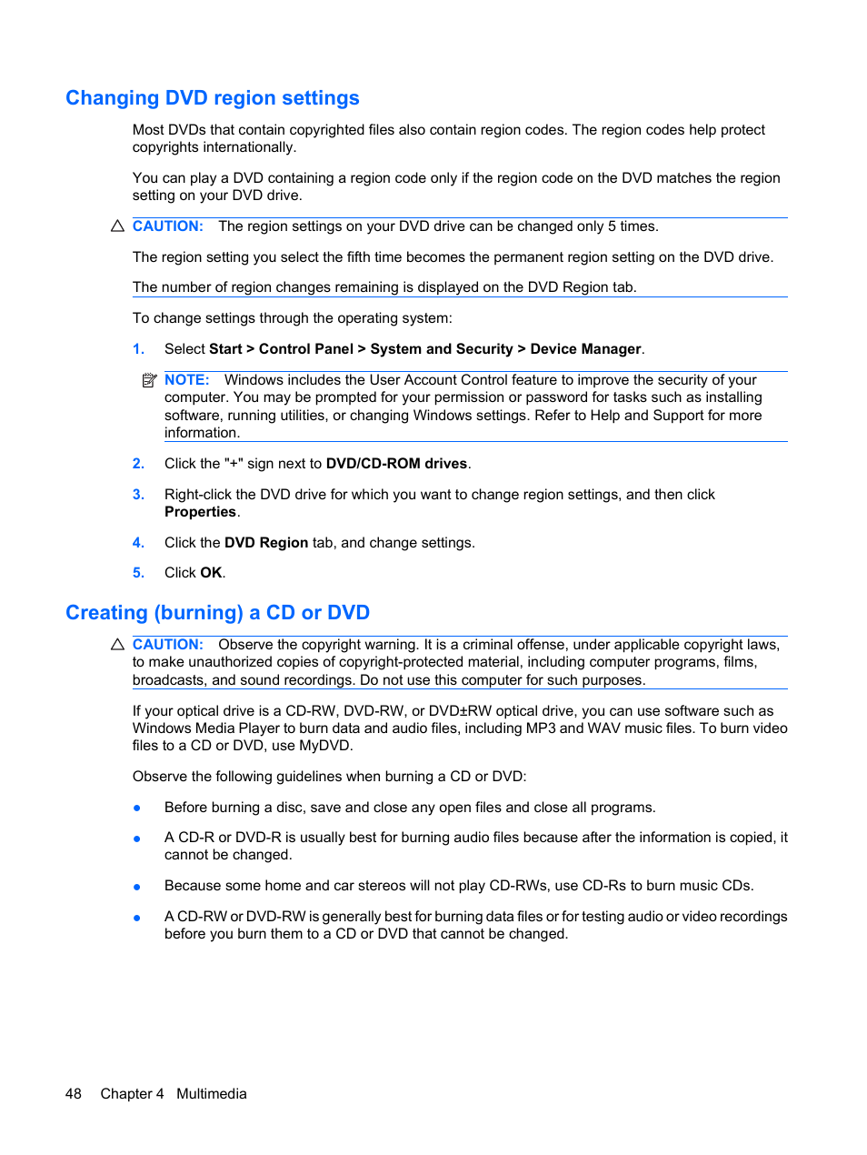 Changing dvd region settings, Creating (burning) a cd or dvd | HP EliteBook 2540p Notebook PC User Manual | Page 60 / 177