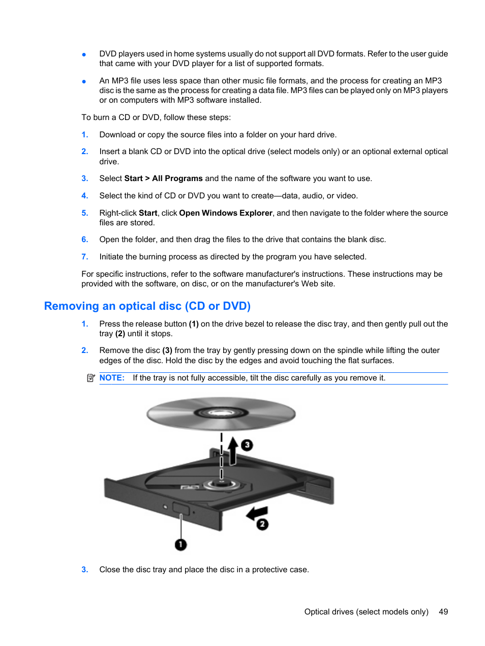 Removing an optical disc (cd or dvd) | HP EliteBook 2540p Notebook PC User Manual | Page 61 / 177