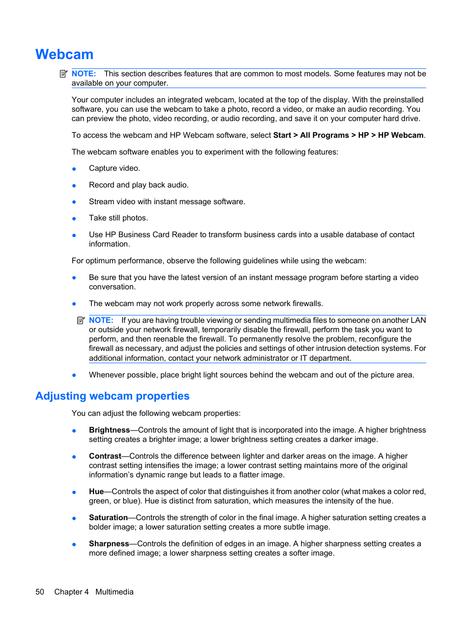 Webcam, Adjusting webcam properties | HP EliteBook 2540p Notebook PC User Manual | Page 62 / 177