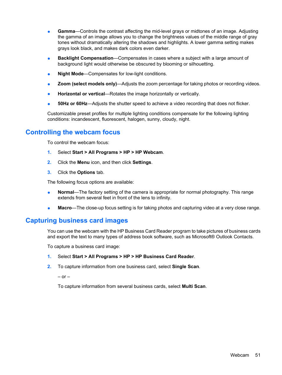 Controlling the webcam focus, Capturing business card images | HP EliteBook 2540p Notebook PC User Manual | Page 63 / 177